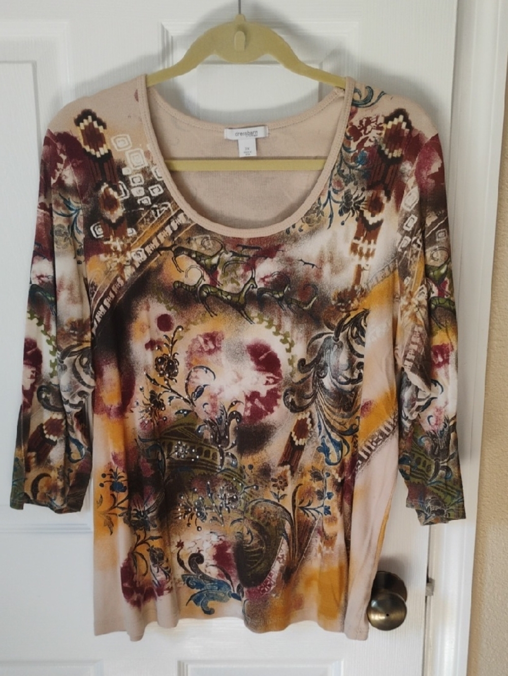 Dressbarn Size 2X Floral Sequined 3/4 Sleeve Blouse Size 2X 100% Cotton